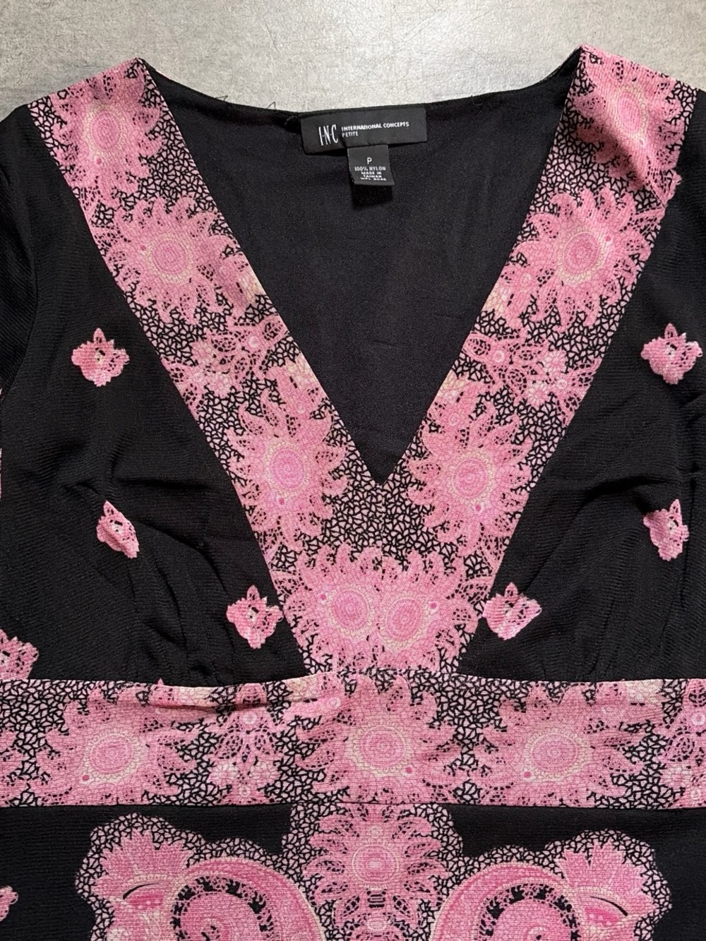 INC International Concepts Black and Pink Paisley V-Neck Long Sleeve Blouse - Picture 2 of 3